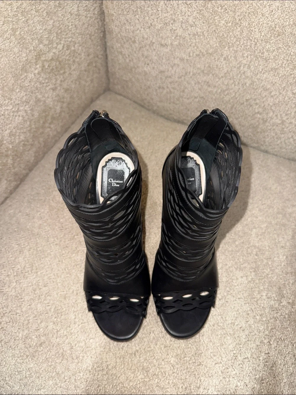 Christian Dior Black Laser-Cut Peep-Toe High Heel Booties - Picture 2 of 9